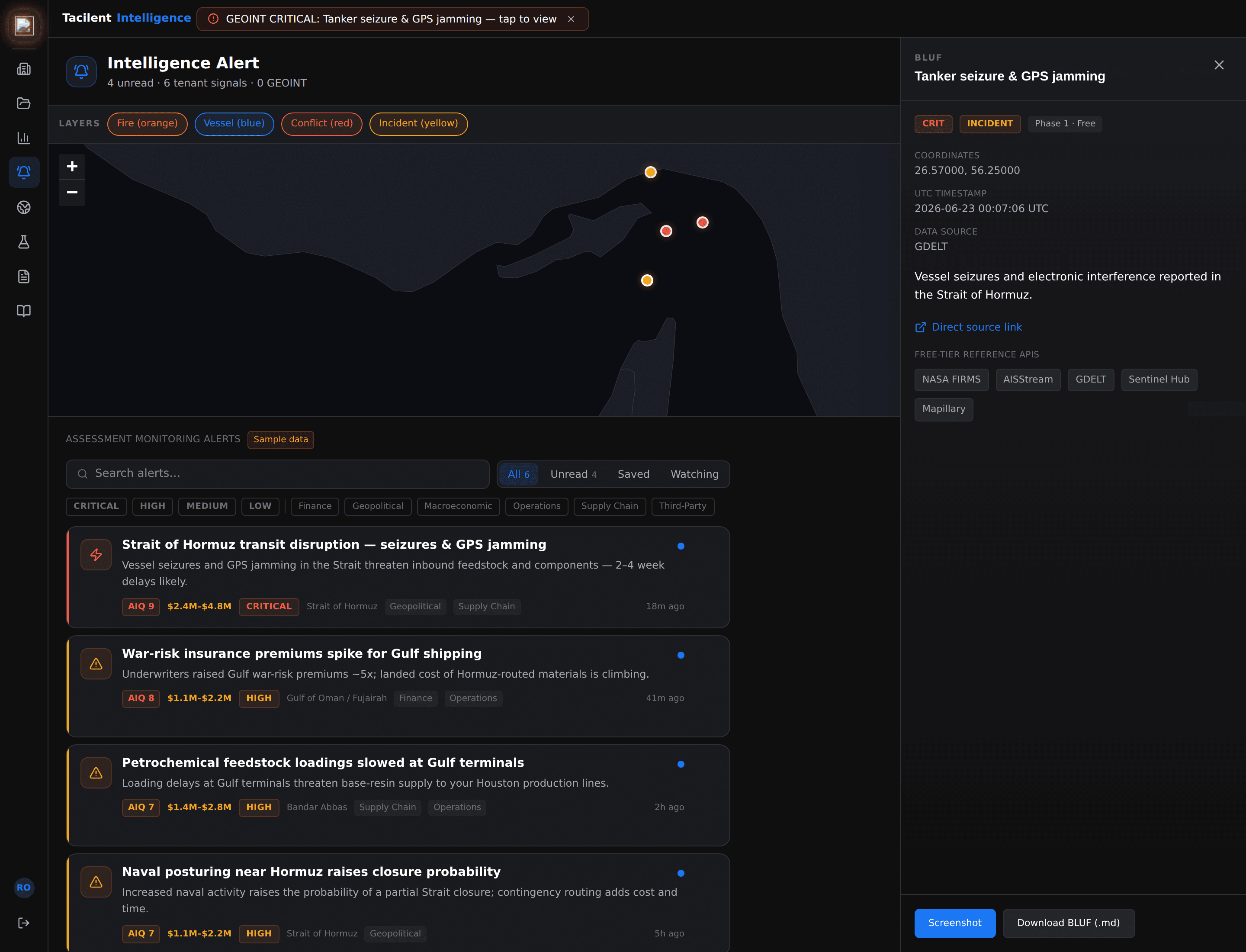 Intelligence notifications and risk map showing continuous awareness across regions